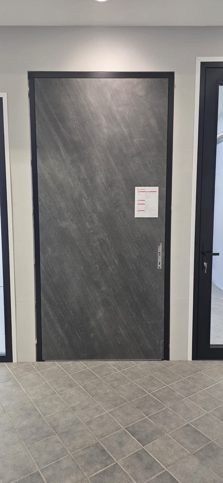 Grey commercial-style entry door with side glass panels