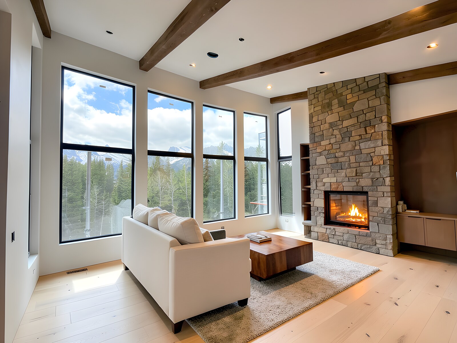 Acreage great room near Calgary — five tall black-frame REHAU windows we installed, opening onto a Rocky Mountain view; interior finish visualized
