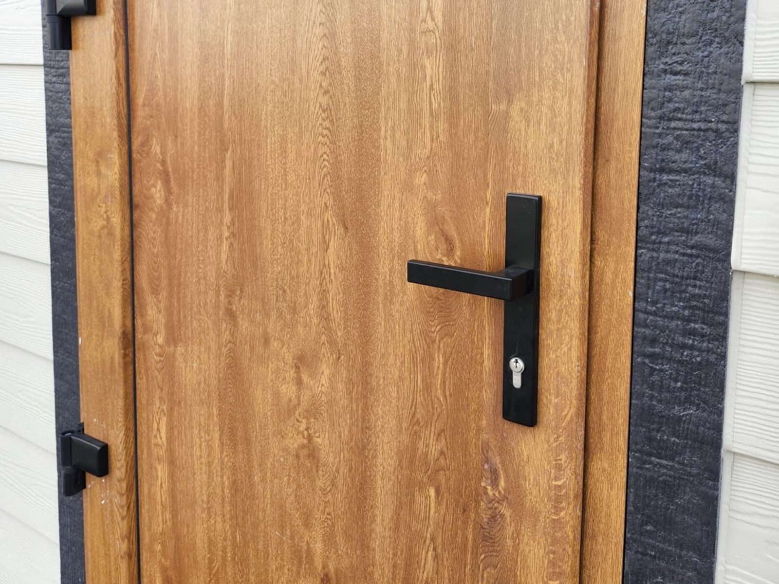 Oak-finish entry door — black multipoint handle and adjustable hinges