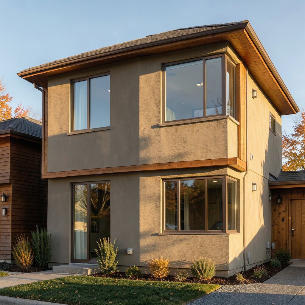Concept visualization: renovated Calgary home with slim bronze-anthracite window frames on warm greige stucco