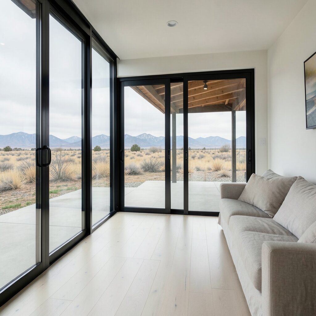 Concept visualization: Alberta living room with floor-to-ceiling black-framed glazing and a lift-slide door to a patio