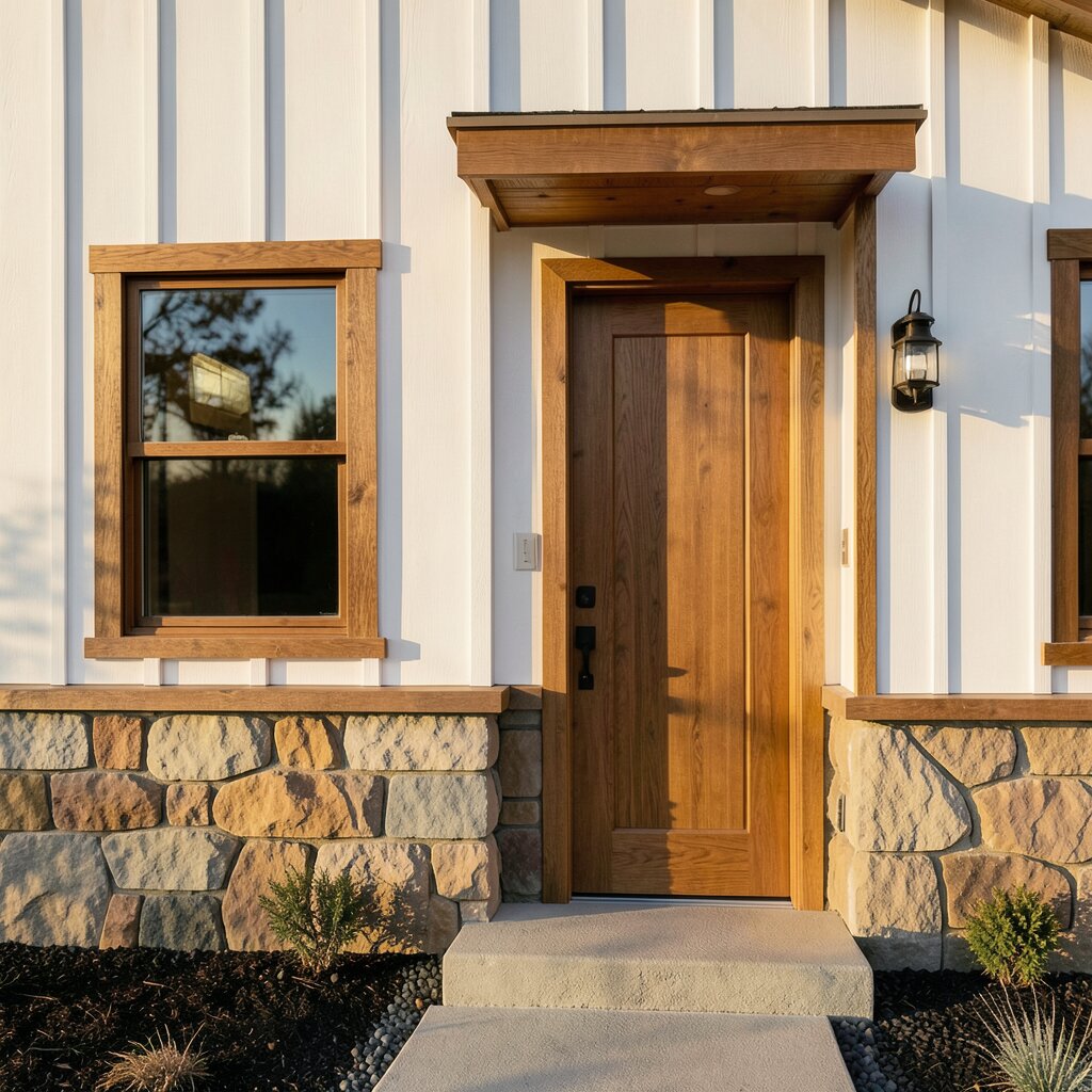 Concept visualization: modern farmhouse with walnut wood-look window frames and matching entry door