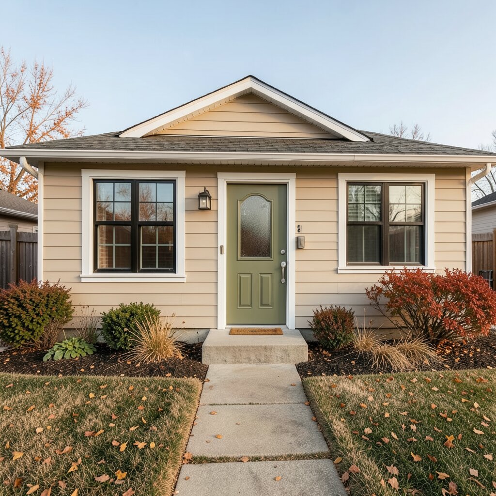 Concept visualization: 1970s Calgary bungalow in soft beige with a muted olive-green entry door and black-framed windows