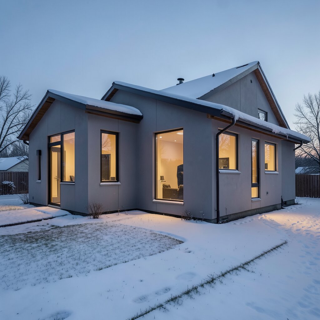 Concept visualization: Passive-House-style Alberta home in winter with deep reveals and slim aluminium-clad triple-pane windows